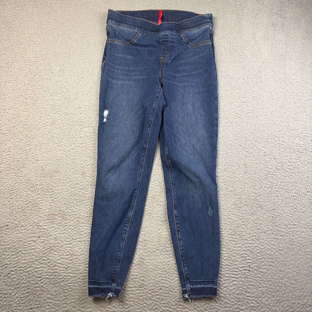 SPANX Jeans Womens M Blue Distressed Ankle Skinny Pull On High Rise Raw Hem